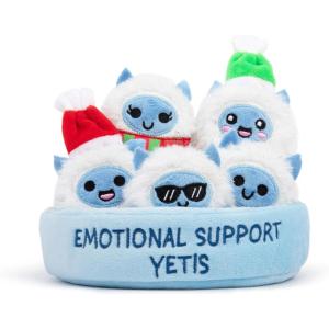 imageWHAT DO YOU MEME Emotional Support Yetis by Relatable Cuddly Stuffed Animals Plushies and Cute Stuff Great Gift Ideas for Loved Ones of All Ages Includes 5 Plushies with Carrying Basket