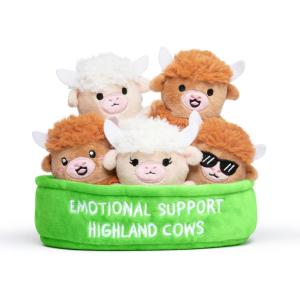 imageWHAT DO YOU MEME Emotional Support Highland Cows by Relatable Cuddly Stuffed Animals Plushies and Cute Stuff Great Gift Ideas for Loved Ones of All Ages Includes 5 Toys with Carrying Basket